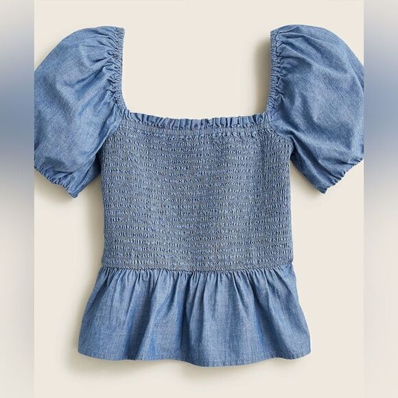 J Crew Chambray Squareneck Smocked Puff Sleeve Top NWT - Picture 1 of 11